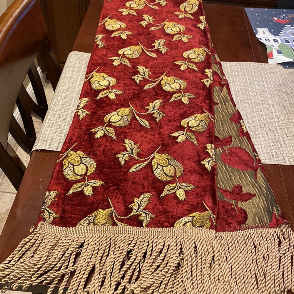 Table runner cranberry and gold colors 70” ( not including edge detail) - Picture 5 of 16
